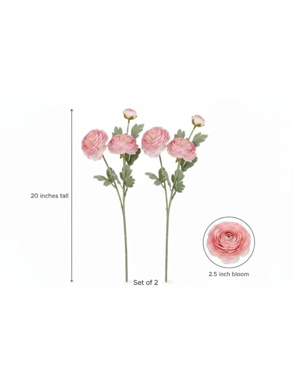 Blush Pink Artificial Ranunculus Peony Style Stems, Set of 2, 20 Inch Silk Flowe